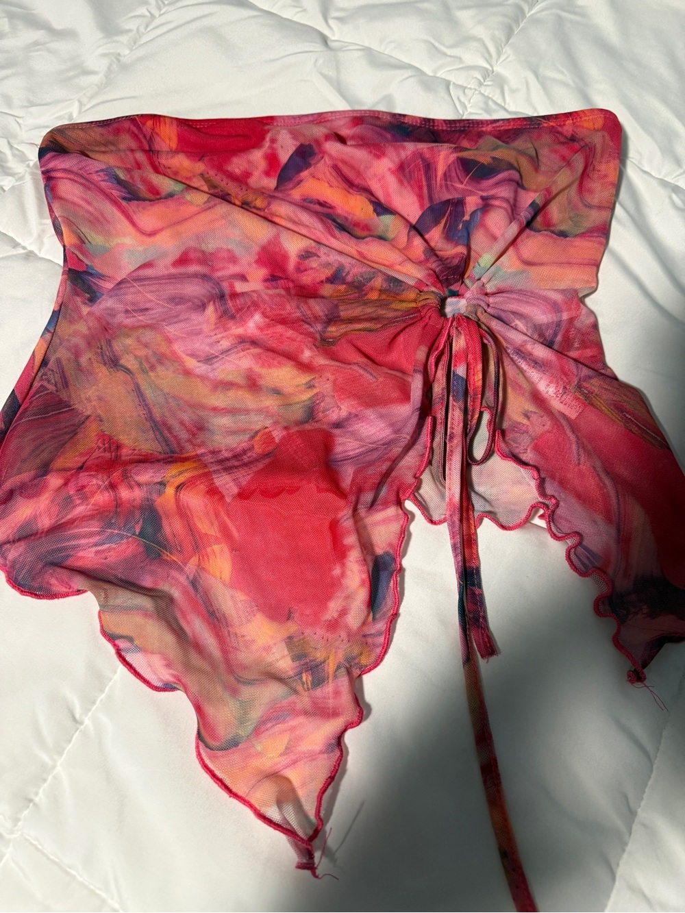 SHEIN Red Marble Tie-Front Mesh Sarong Top
